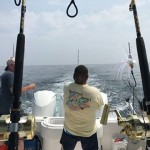 ROFFS™ Client Kevin Jinks and his son Michael (pictured fighting a yellowfin) on Grand Slam, out of Fire Island NY went 3 for 5 on yellowfin tuna up to 50lbs and a small mahi, saw a huge hammerhead buzzing around too.